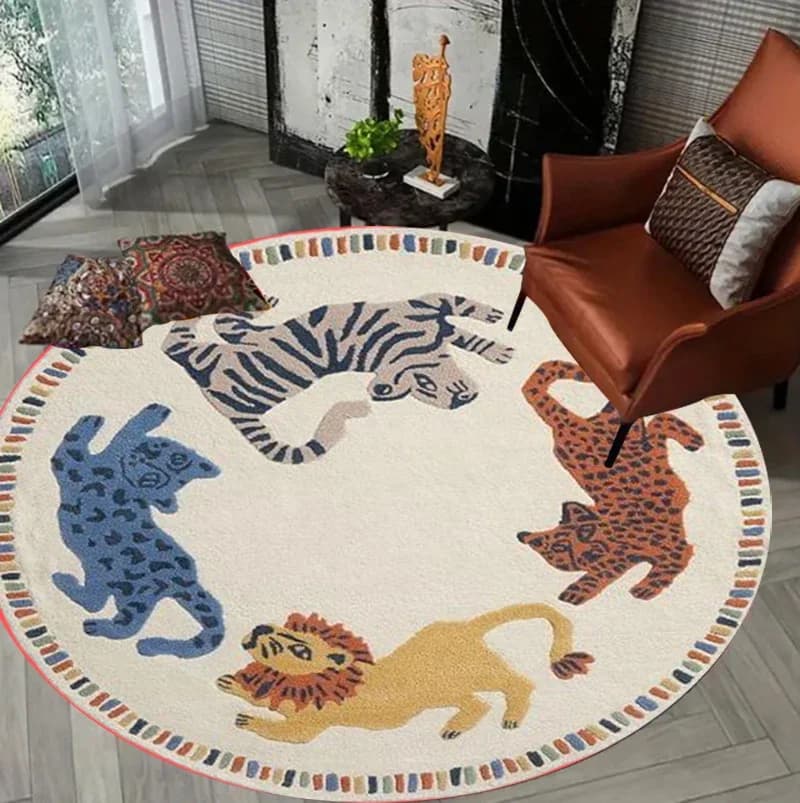 Tappeto Rotondo con Animali Safari, Zebra, Leone, Leopardo, Tappeto Decorativo Morbido per Cameretta Bambini e Sala Giochi