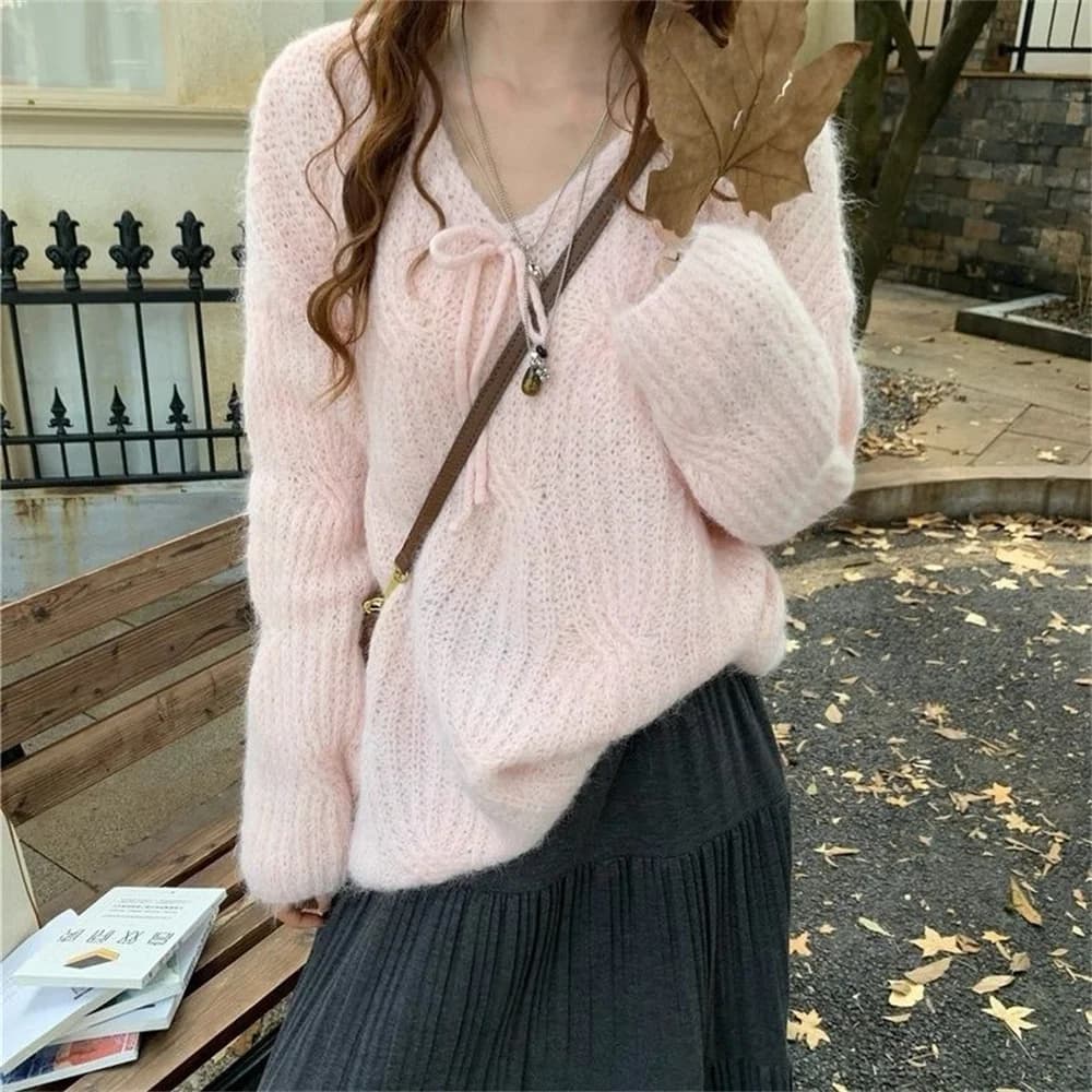 Maglione a maniche lunghe casual allentato con scollo a V con lacci Donna 2025 Primavera Autunno Nuovo pullover solido stile coreano Top in maglia tutto abbinato