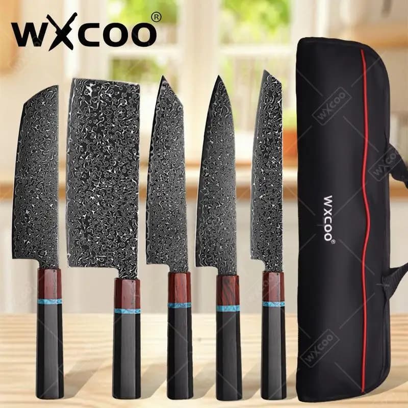 WXCOO Coltelli da cucina professionali giapponesi Set Coltello da chef Acciaio di Damasco Mannaia per carne di pesce Affettare Coltello Santoku Strumenti di cottura