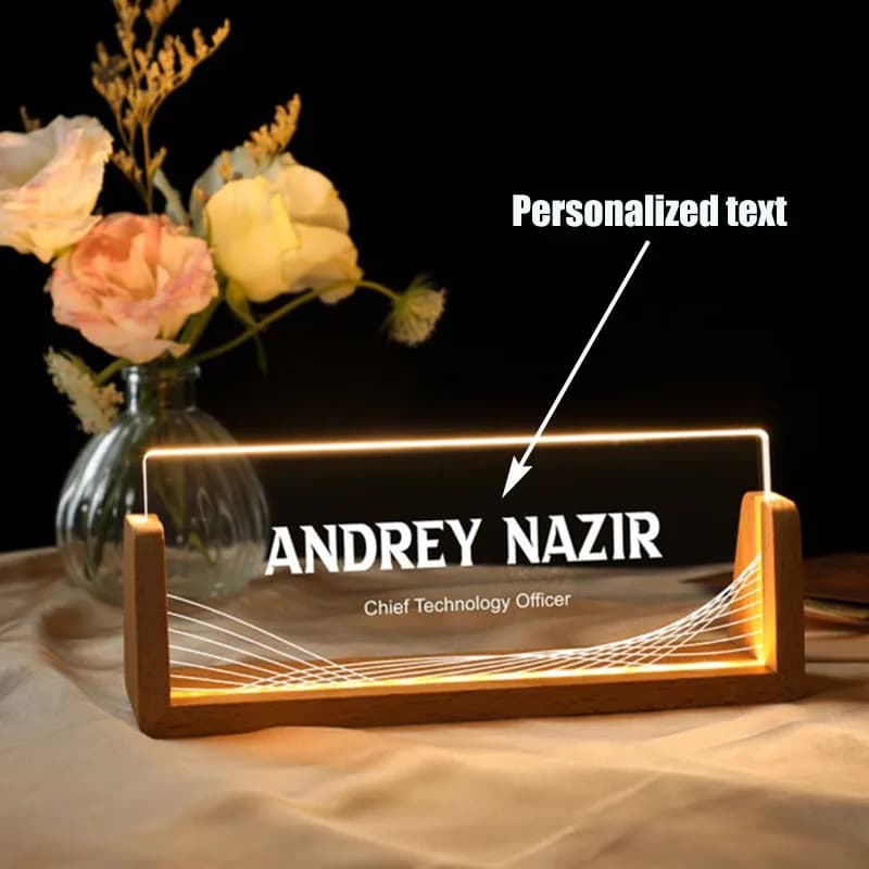 Customizable Personalized Lighted Acrylic Desk Name Plate with Wooden Base Office Decor Ideal Gift for New Job Promotion