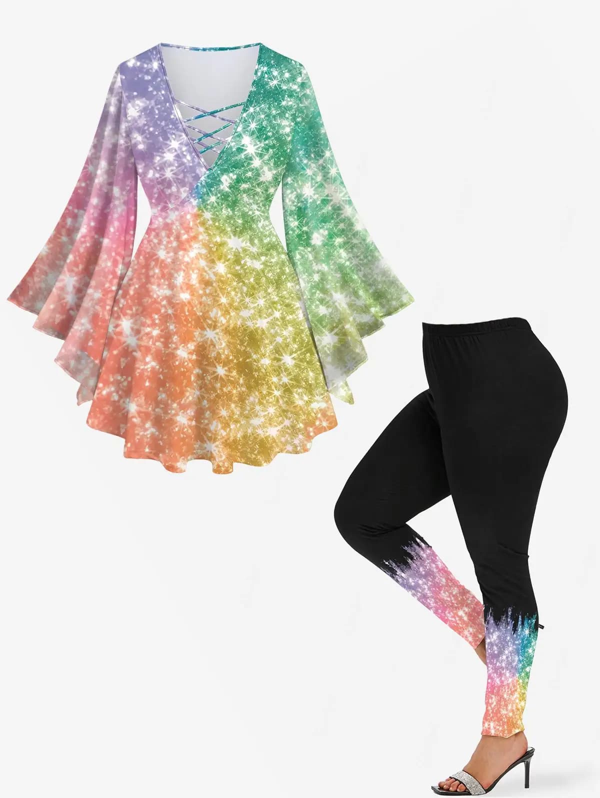 Galaxy Ombre Colorblock Glitter Sequin 3D Printed Plus Size Matching Set Sparkling Women's Fashion Graphic Outfits