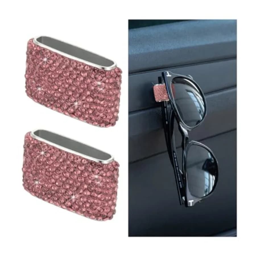 2 Pezzi Porta Occhiali da Sole per Auto con Strass, Gancio Appendi Occhiali da Cruscotto con Diamanti e Strass, Clip per Visiera Parasole Auto