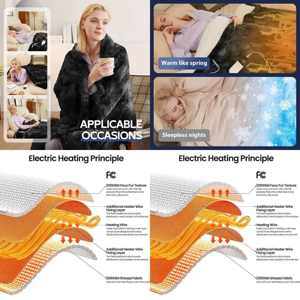 Coperta in Finta Pelliccia di Coniglio Riscaldata Elettricamente a 8 Livelli con Spegnimento Automatico, Protezione da Surriscaldamento, Grigia