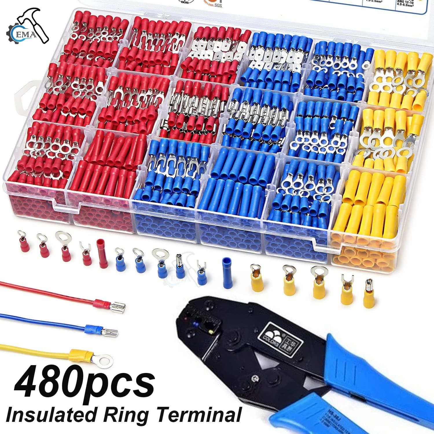102/280/480PCS Terminale a forcella isolato Connettore del cavo Spatola a crimpare Kit forcella ad anello di testa Kit terminale arrotolato con capocorda ad anello
