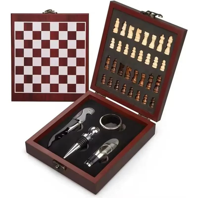 CQMF-Scatola regalo per vino con apribottiglie, tappo, versatore e anello antigoccia - Include anche un set di scacchi per regali speciali da viaggio