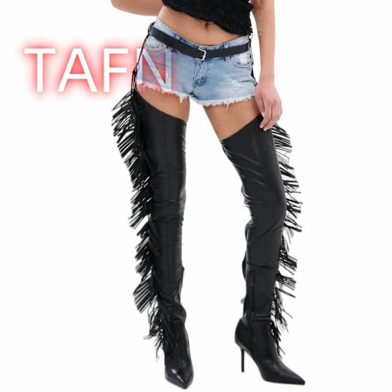 Stivali da donna con frange nere Stivali sexy con punta a punta Tacco a spillo sopra il ginocchio Stivali con fibbia in vita occidentale Cowboy Botas De Mujer