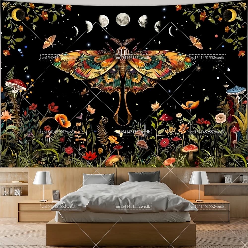 Boho Butterfly Tapestry Flower Moon Wall Tapestry Botanical Aesthetic Room Decor Moon PhasesTapestries Home Decoration Posters