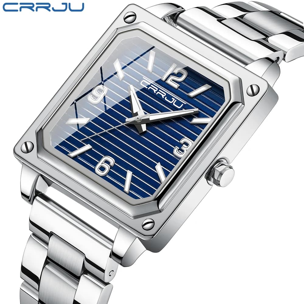 CRRJU Men's Watch Square Quartz Wrist Watch Waterproof Working Luminous With Stainless Steel Date