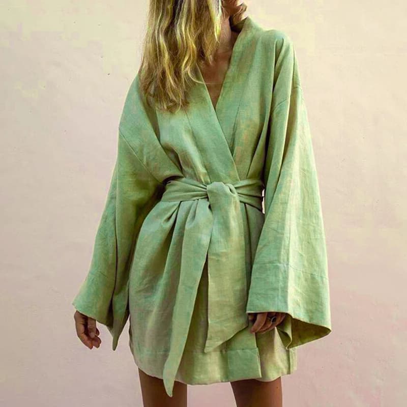 Stylish Long Sleeved Women's Solid Dress With Front Belt Breathable Fabric For Casual Occasion and formal Simple Style Kimono Bathrobe