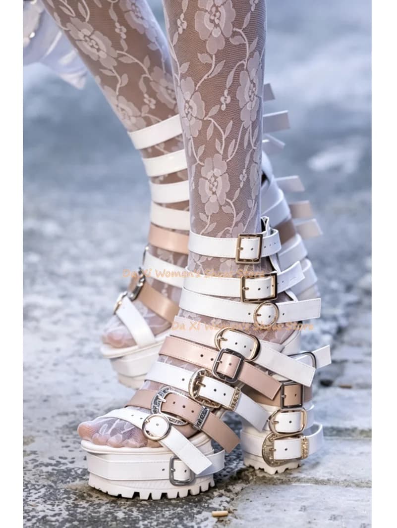 Color Thick Band Combination Platform Rome Sandals Punk Style Belt Buckle Buckle Tall Sandals Role Playing Rave Party Footwear
