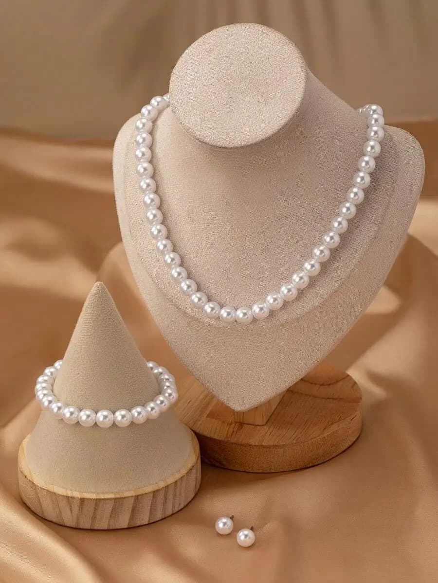 4pcs minimalist faux pearl necklace bracelet earrings set elegant beaded jewelry