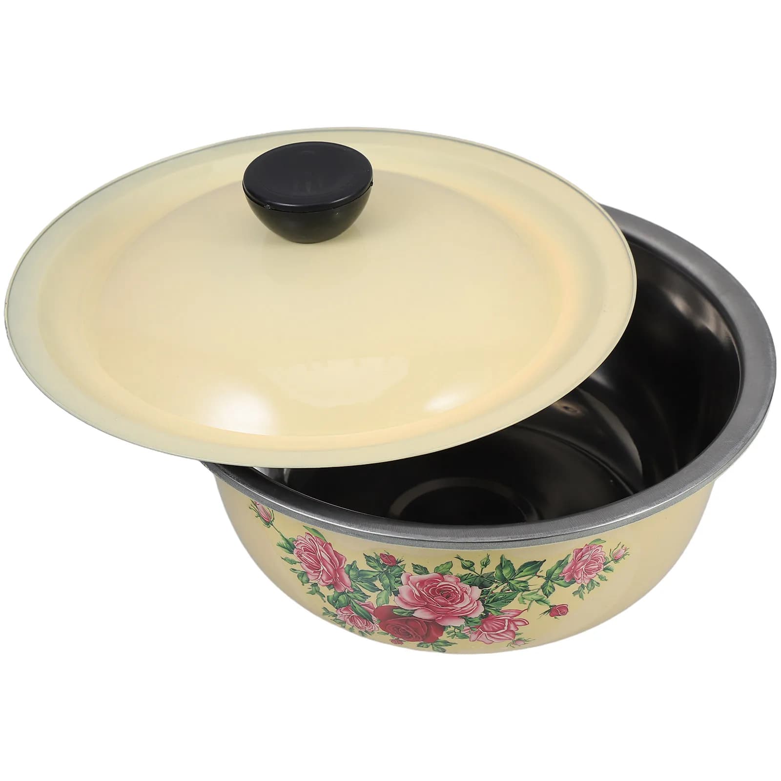 Ciotola Vintage in Smalto da 18 cm con Coperchio per Impastare, Conservare Alimenti, Lavare Frutta, Uso in Cucina, Contenitore per Zuppe e Insalate