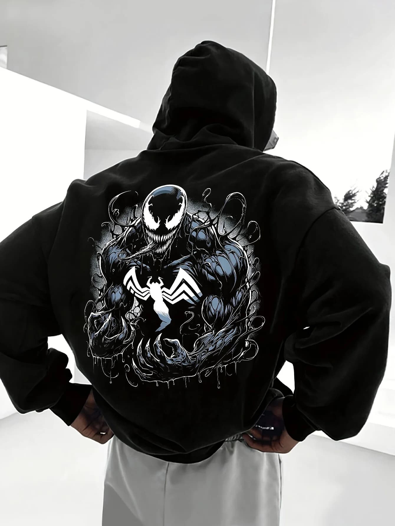 Felpa con cappuccio da uomo stampata casual alla moda con personaggio Marvel Venom Symbiote con dettagli dei denti, felpa pullover casual
