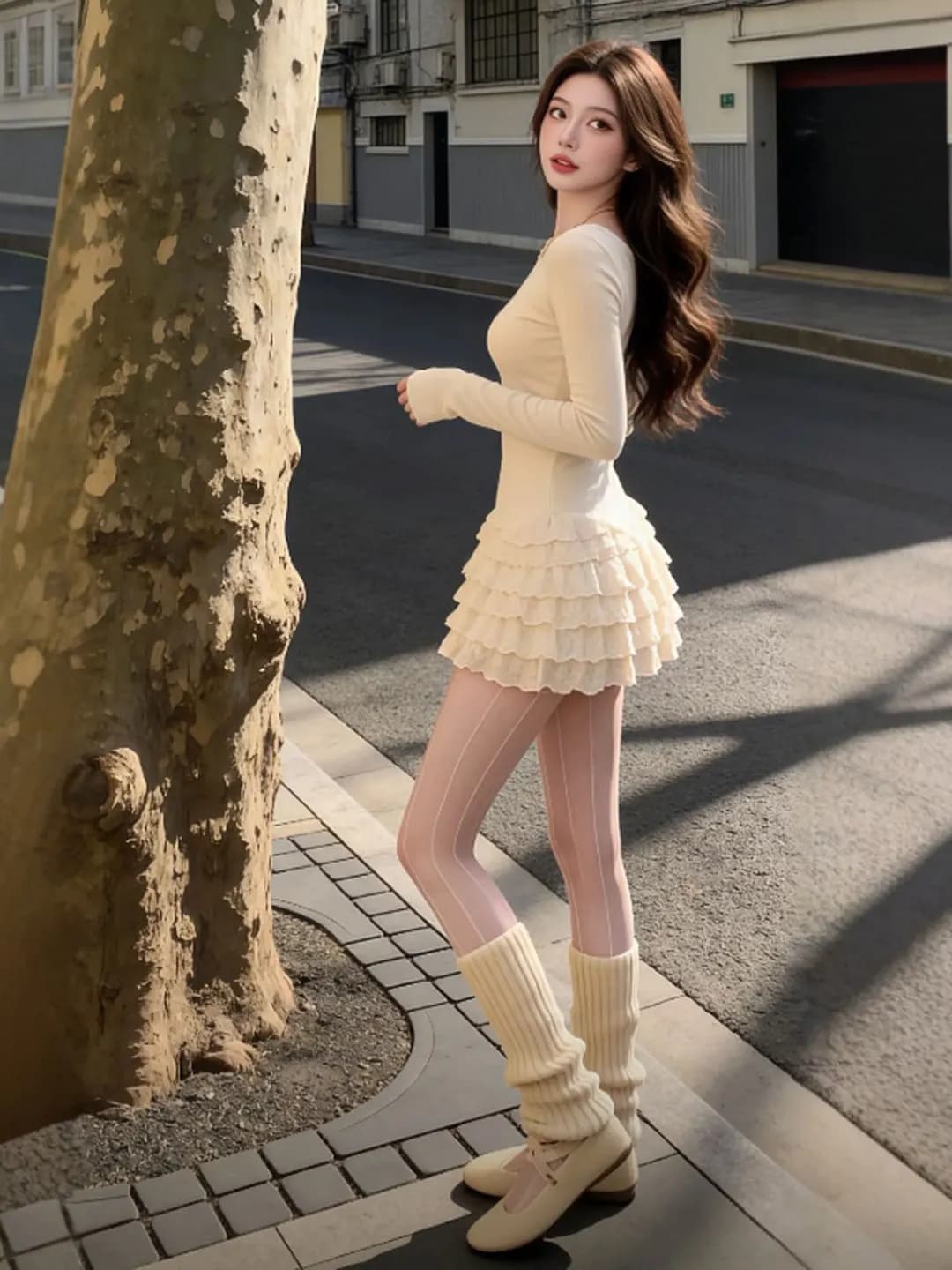 Nuovo Stile Primaverile: Abito con Gonna a Strati e Vita Soffice, Vestito Elegante da Donna con Maniche Lunghe e Collo Tondo
