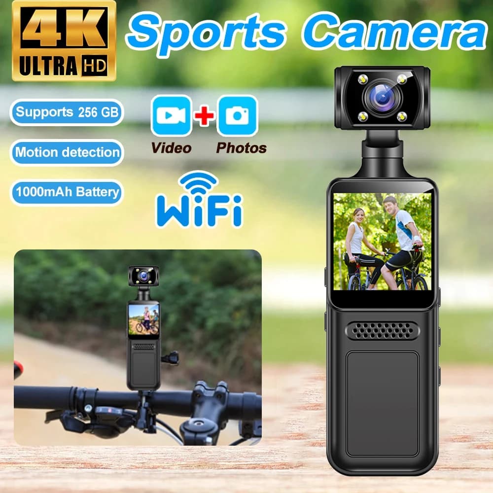 New 64GB Ultra HD 4K Sports Camera, 180° Rotation, WiFi Vlog, Waterproof, for Helmet, Travel, Bike, Driving Recorder