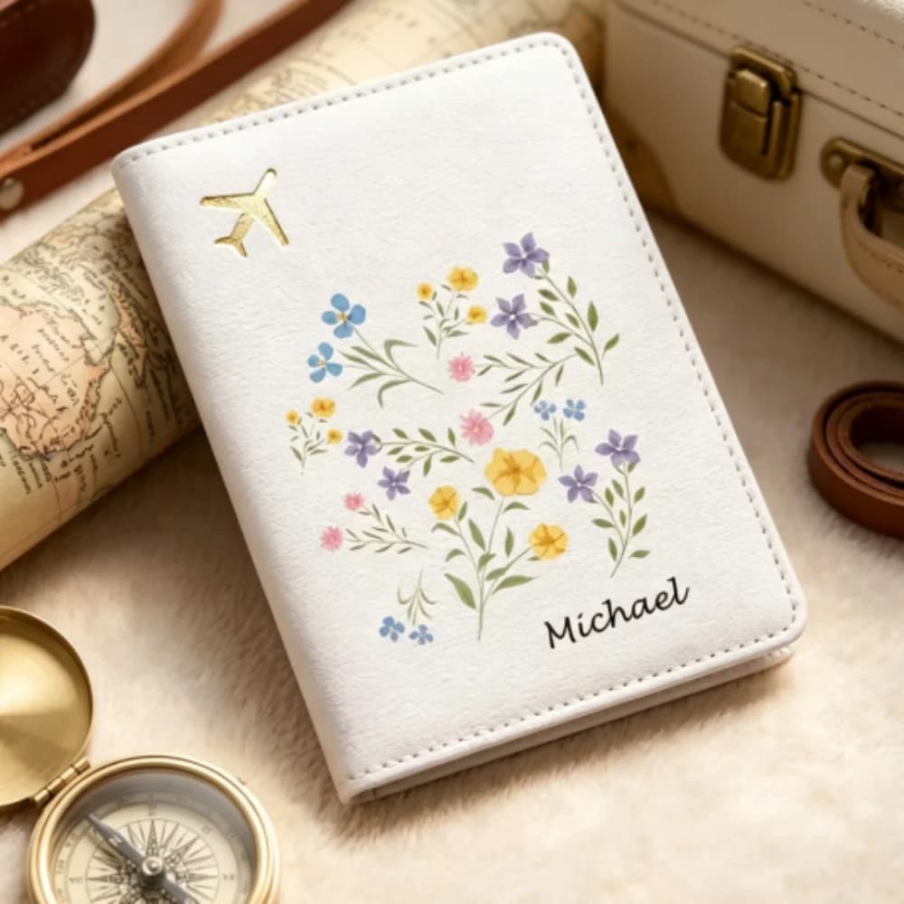 Custom Name Floral PU Passport Holder, Pastel Black Travel Organizer For Passport Visa ID, Travel Gift For Women