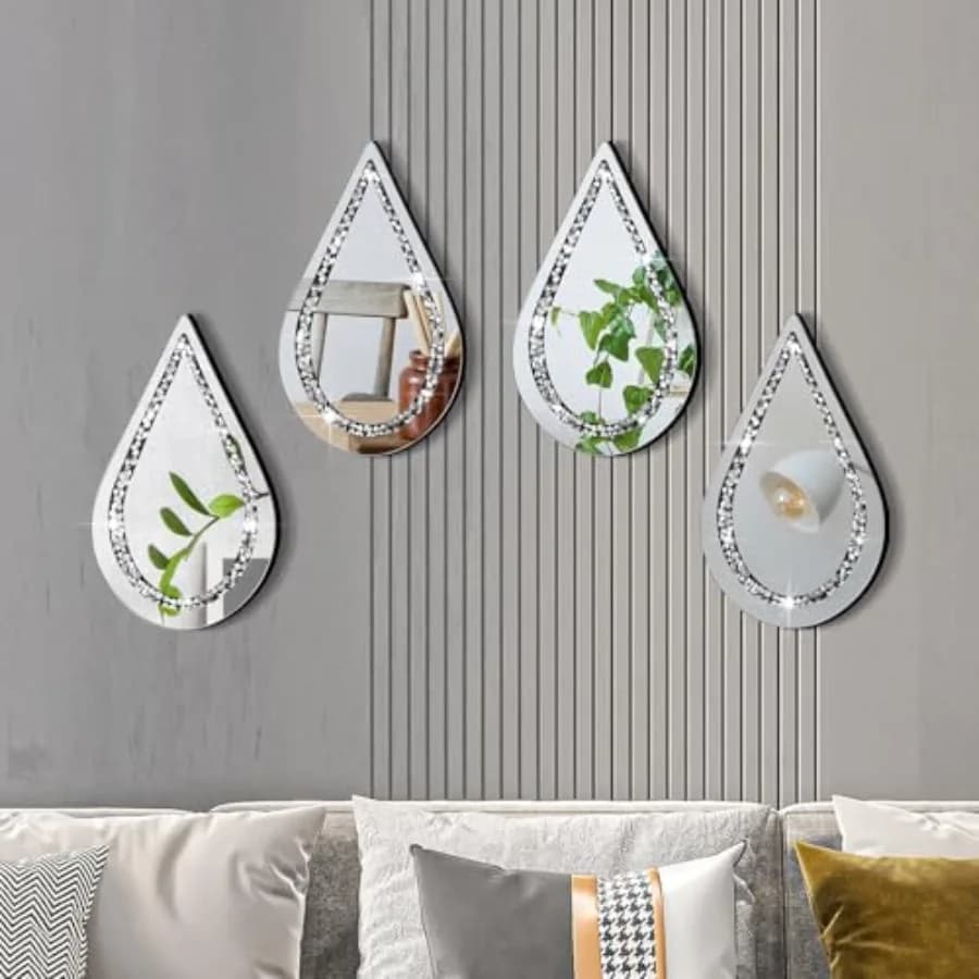 4 Pcs Silver Mirror Wall Decor Tear Drop Diamond Mirrors 11.8 x 6.7 Inches for Living Room Bedroom Bathroom Wall Decoration