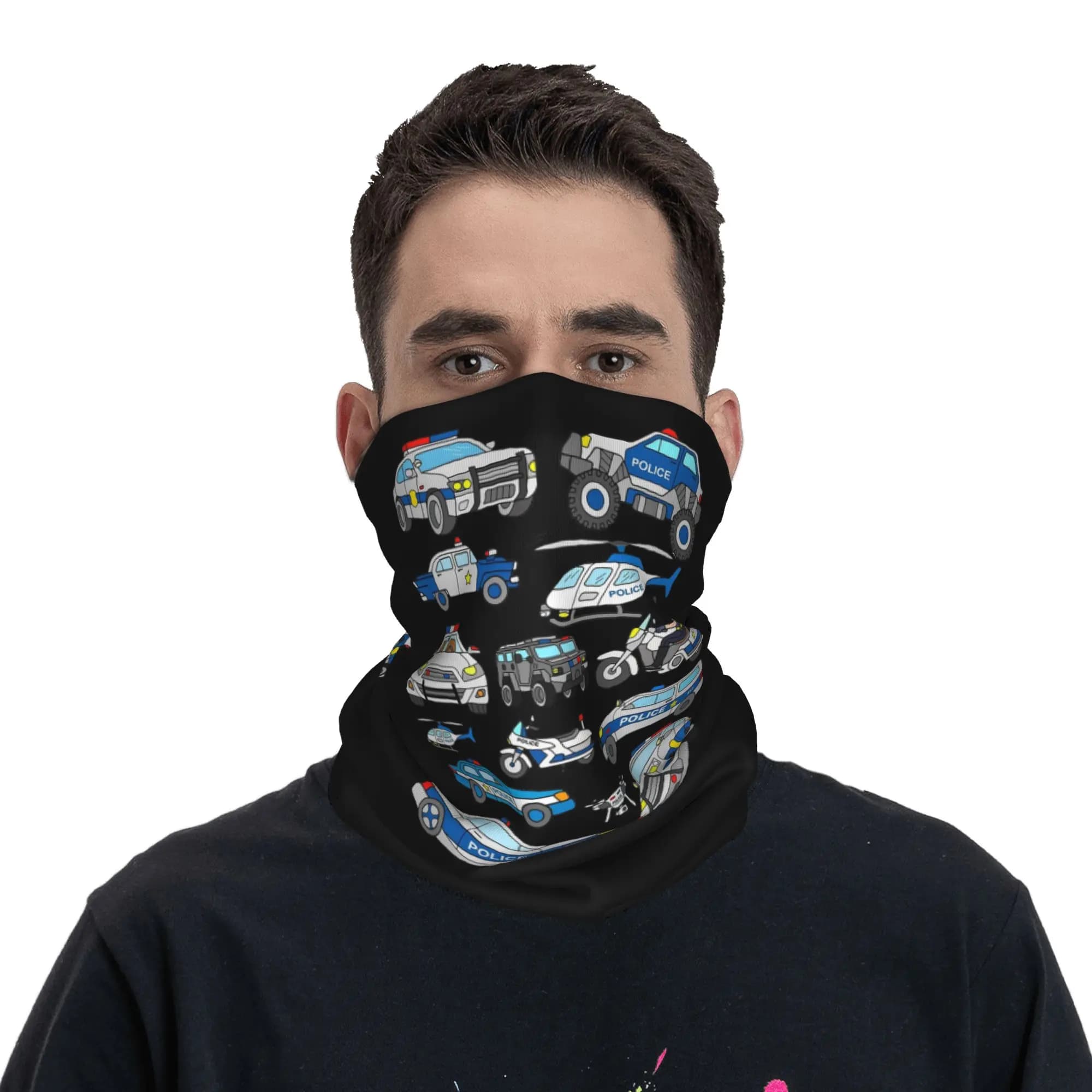Bandana with police car design, printed neck warmer, facial scarf, head band, cycling, unisex, adult, winter