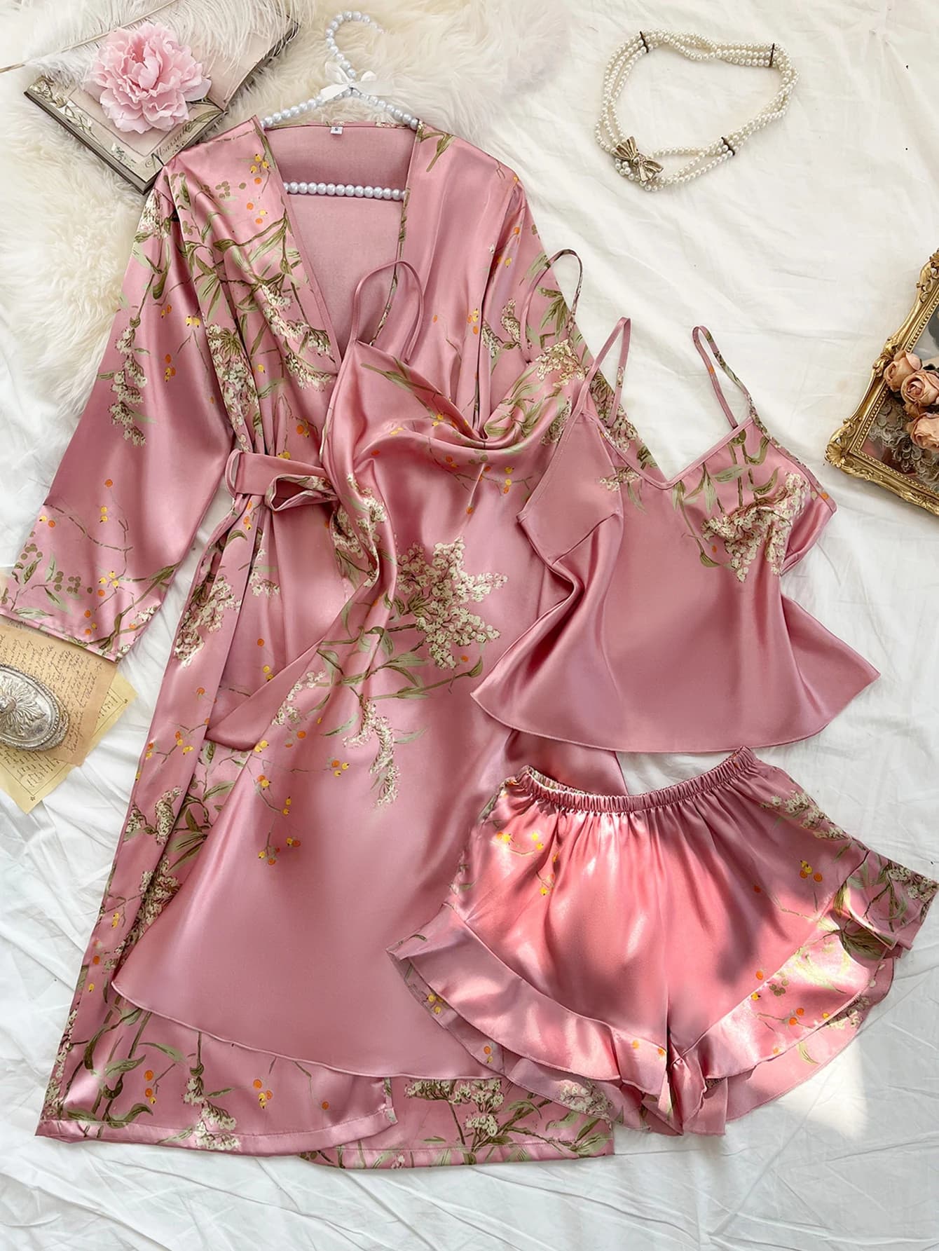 Comfortable summer bathrobe with irregular cherry print and laced shorts, sexy four-piece pajamas