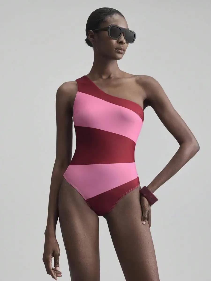 Costume da bagno intero asimmetrico con stampa a righe e spalline asimmetriche per donna, stile vacanza al mare