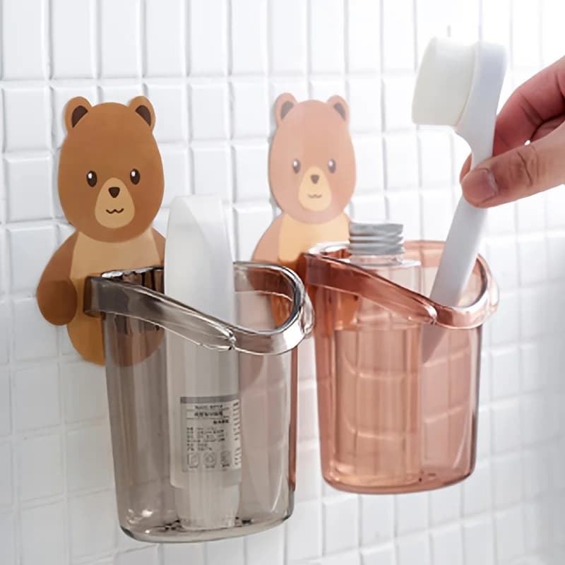 No-drilling wall-mounted bathroom drain bear cup, bear-shaped non-drilling wall-mounted storage cup, toothpaste storage box, bathroom toilet toothbrush holder, tableware organizer