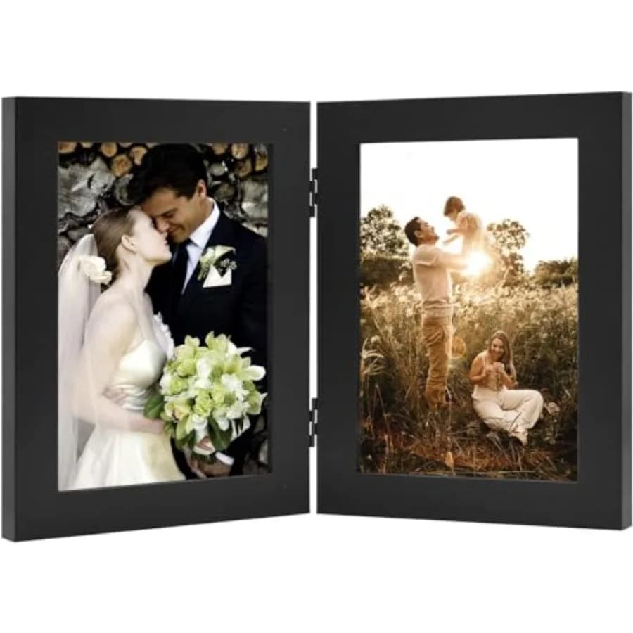 , 5x7 Double Picture Frame Vertical Hinged Photo Frame 2 Opening Folding Family Frames Collage, with Real Glass 5x7, Black, 1-P