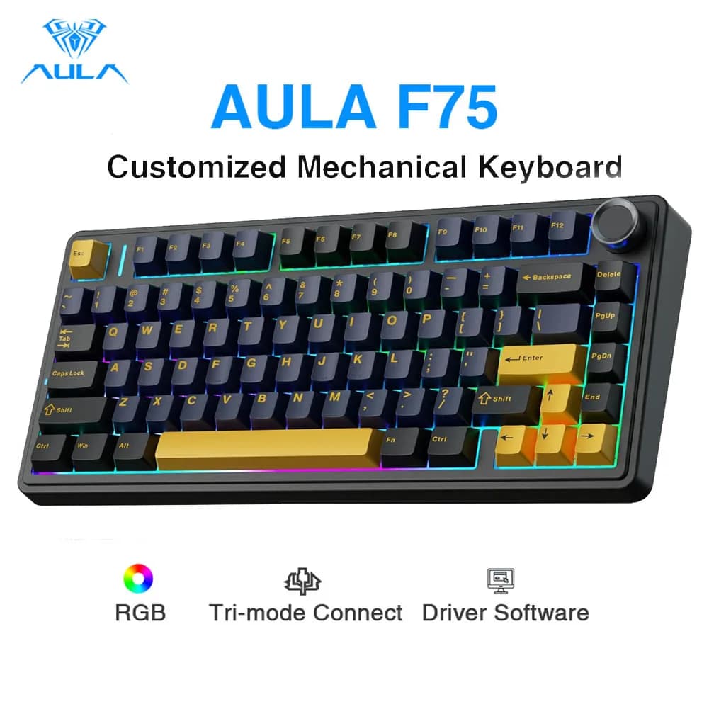 Tastiera meccanica Aula F75, tasti completamente sostituibili a caldo, imbottitura a cinque strati e manopole, BT/2.4GHz/USB, tastiera da gaming retroilluminata RGB