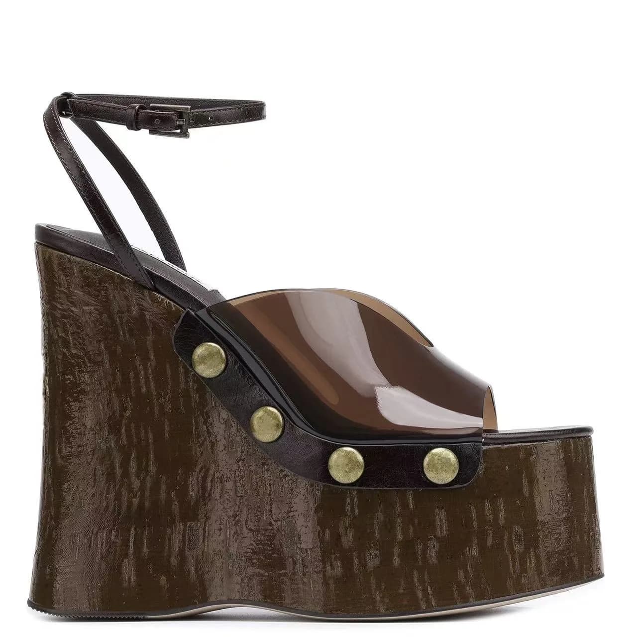 Sandali con tacco alto 14 cm con tacco spesso per le donne Indossano sandali da tavolo impermeabili con venature del legno con suola spessa Scarpe con fibbia per unghie in metallo