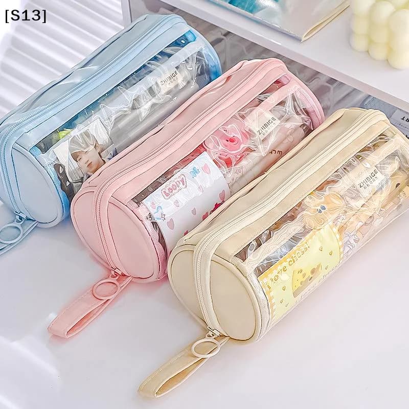 Transparent Cylinder Pencil Case Ring Zipper Large Capacity Organizer Pencil Bag For School Supplies[Q]Q@