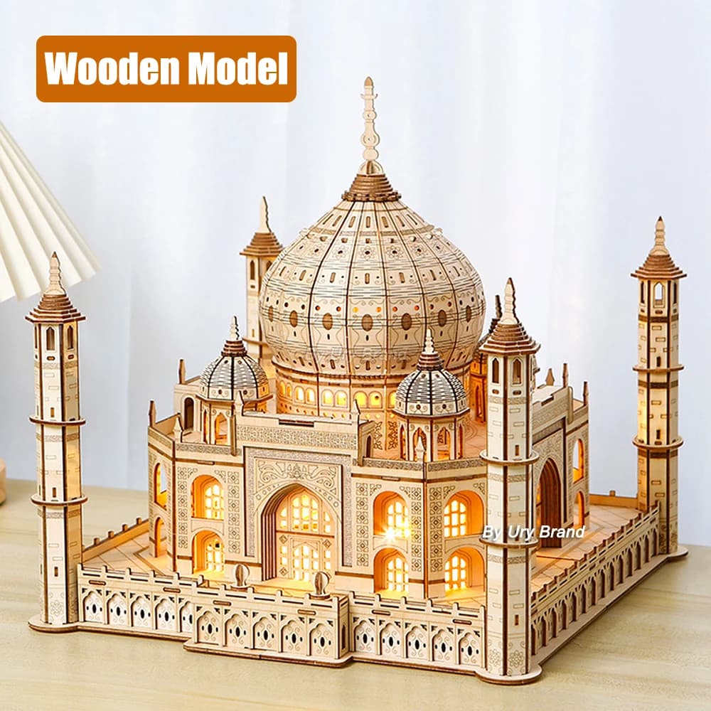 3D Wooden Puzzle House Royal Castle Taj Mahal With Children Light Assembly Toy Kit DIY Model Adults Desk Decoration For Gifts