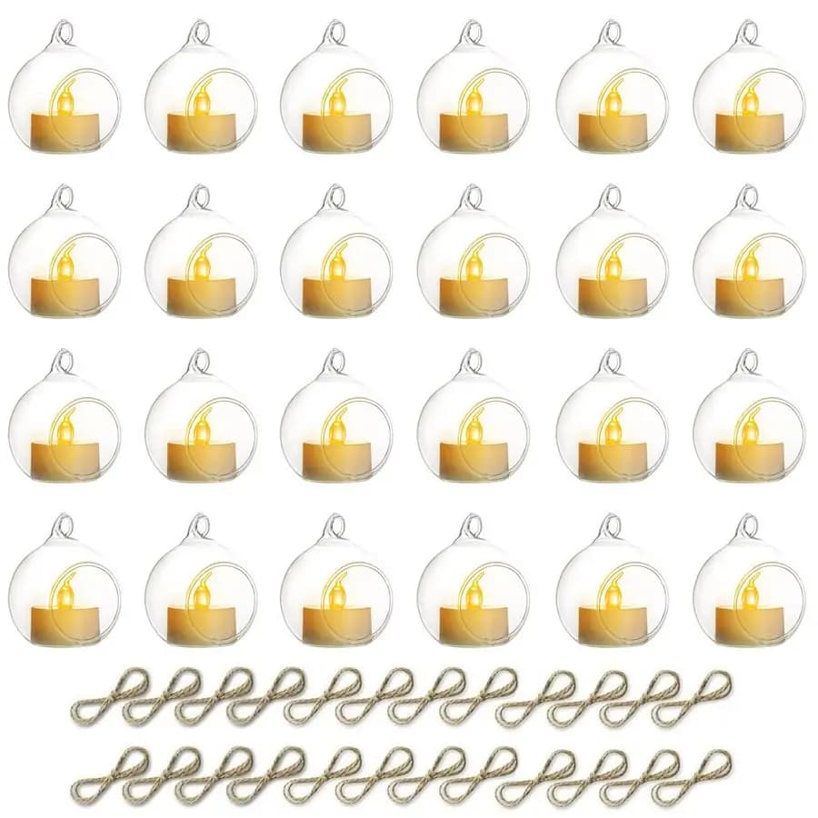 Suspended Tea Light Candle Holder, 24 Pieces, 6 cm, Tree Shape Candle Holder with LED Candles, Small Glass Gloves, Transparent Round Ornaments Mini