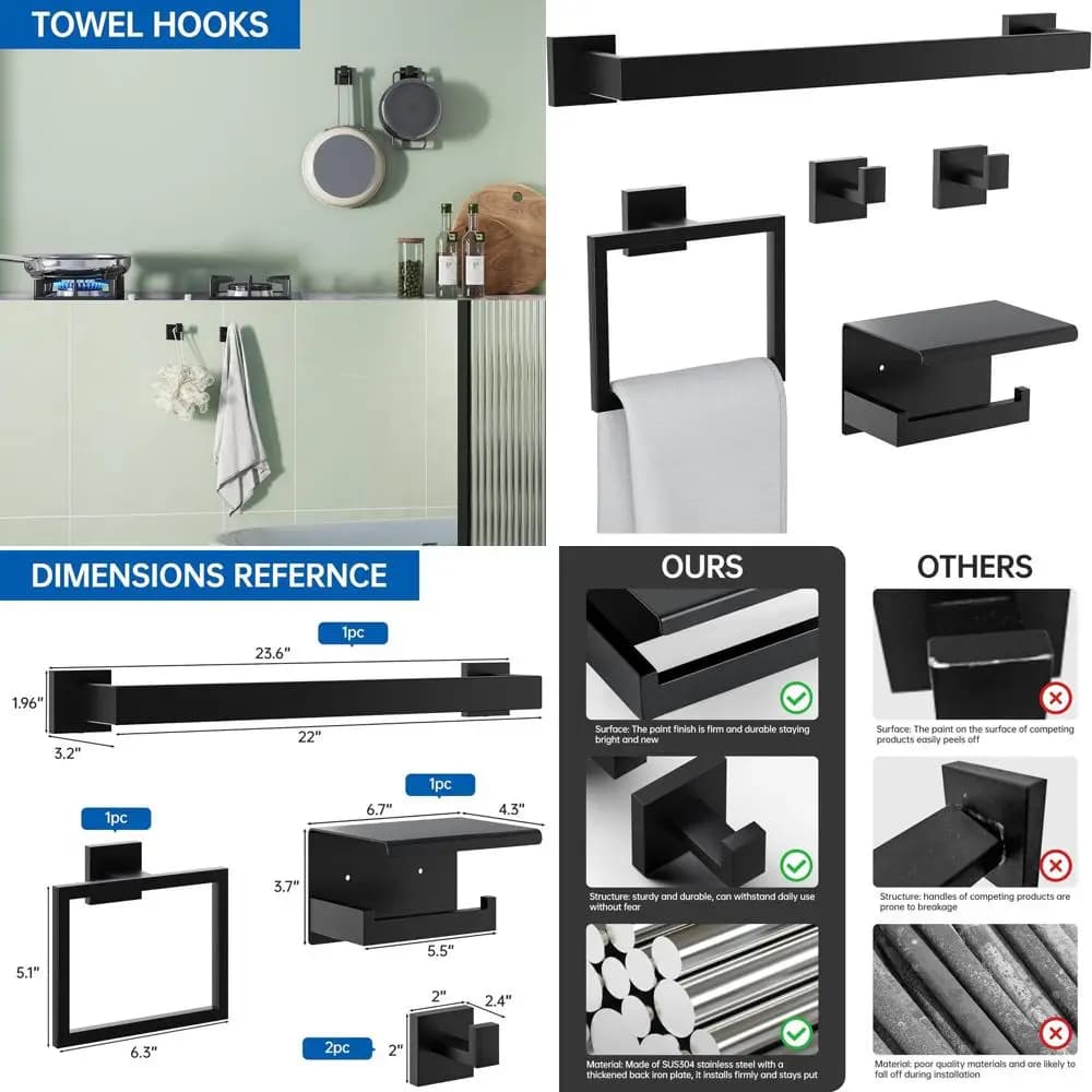 Set di accessori da bagno da 5 pezzi, portasciugamani da parete in acciaio inossidabile 23,6, portarotolo, ganci, nero opaco