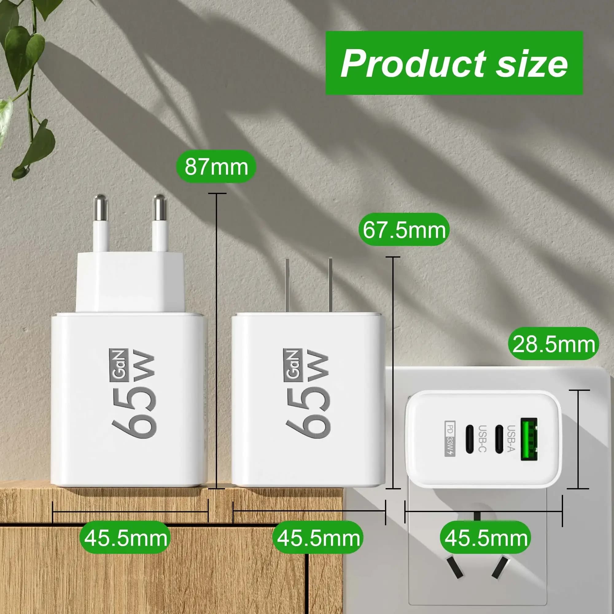 Foldable 65W GaN 3‑Port USB‑C Wall Charger PD Fast Charging Block Travel Adapter for iPhone Samsung iPad and MacBook Devices