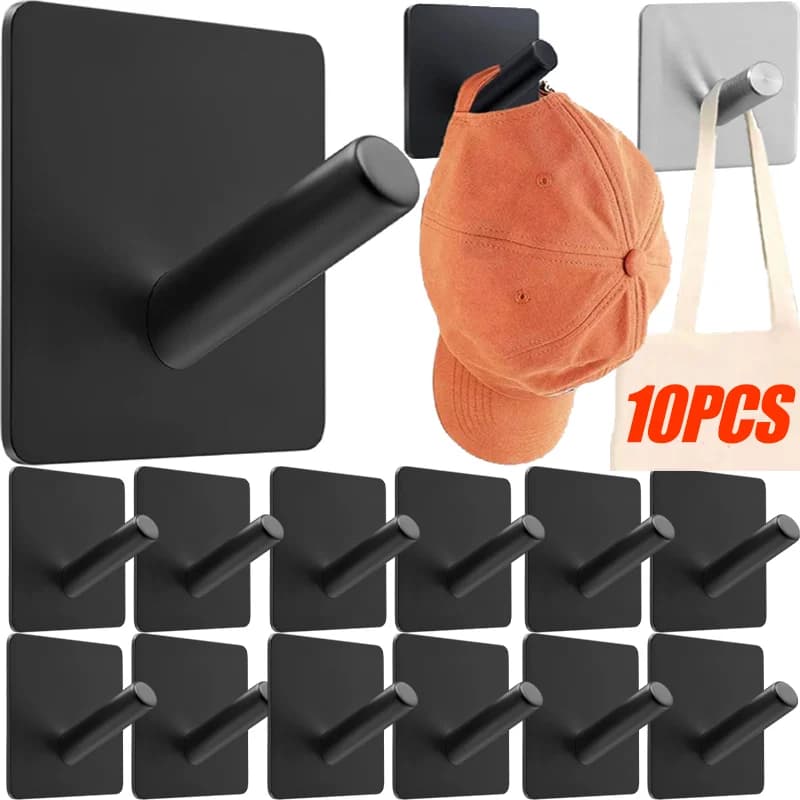 1-10PCS Stainless Steel Self-Adhesive Hooks Keys Clothes Hat Storage Holder Bathroom Kitchen Organizer Wall Mounted Hooks