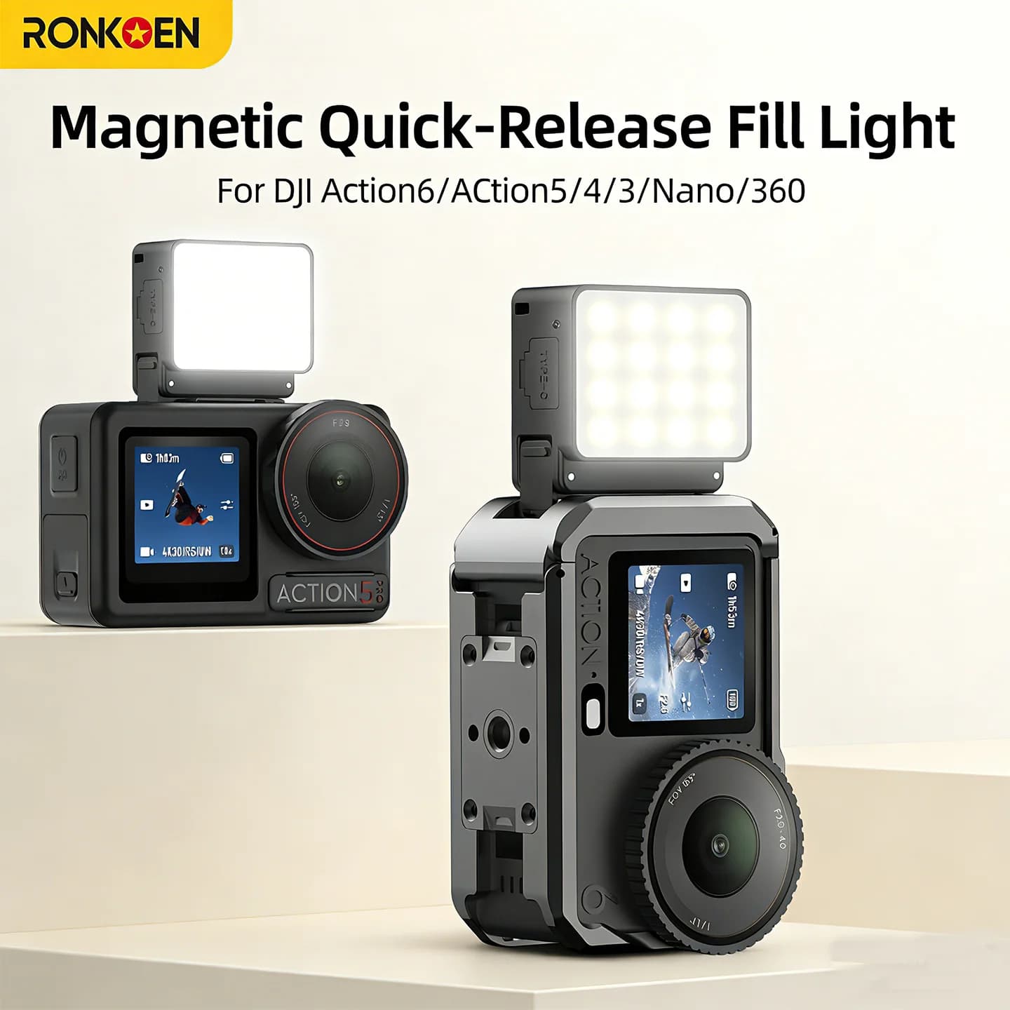 Ronkoen for DJI OSMO Action 2/3/4/5Pro/6/Nano M2-AC Quick Release Filling Light, Mini Light Waterproof for Selfie