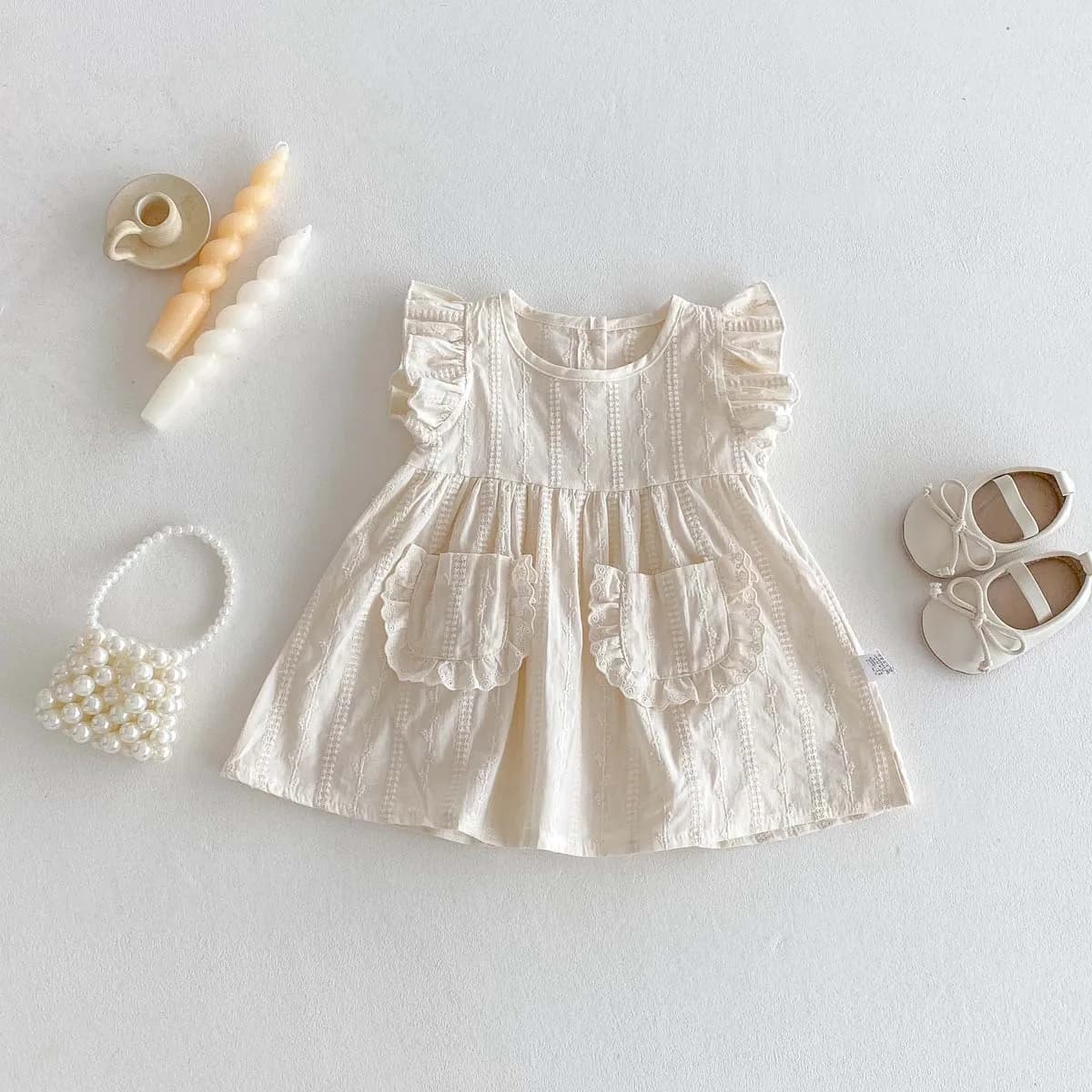 Abito da ragazza in puro cotone con maniche volanti in pizzo, nuovo stile estivo, elegante gonna con tasche ricamate per neonati e bambini piccoli