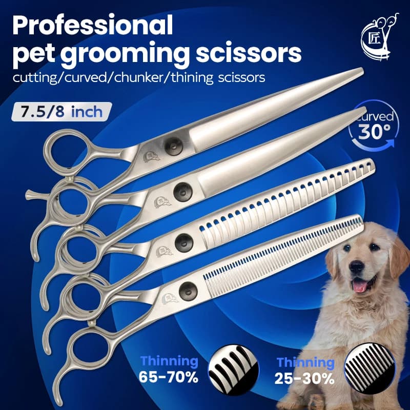 Set di forbici per toelettatura cani Crane Cobalt Steel da 7,5 e 8,0 pollici, nere, dritte e curve, forbici sfoltitrici per toelettatori di cani