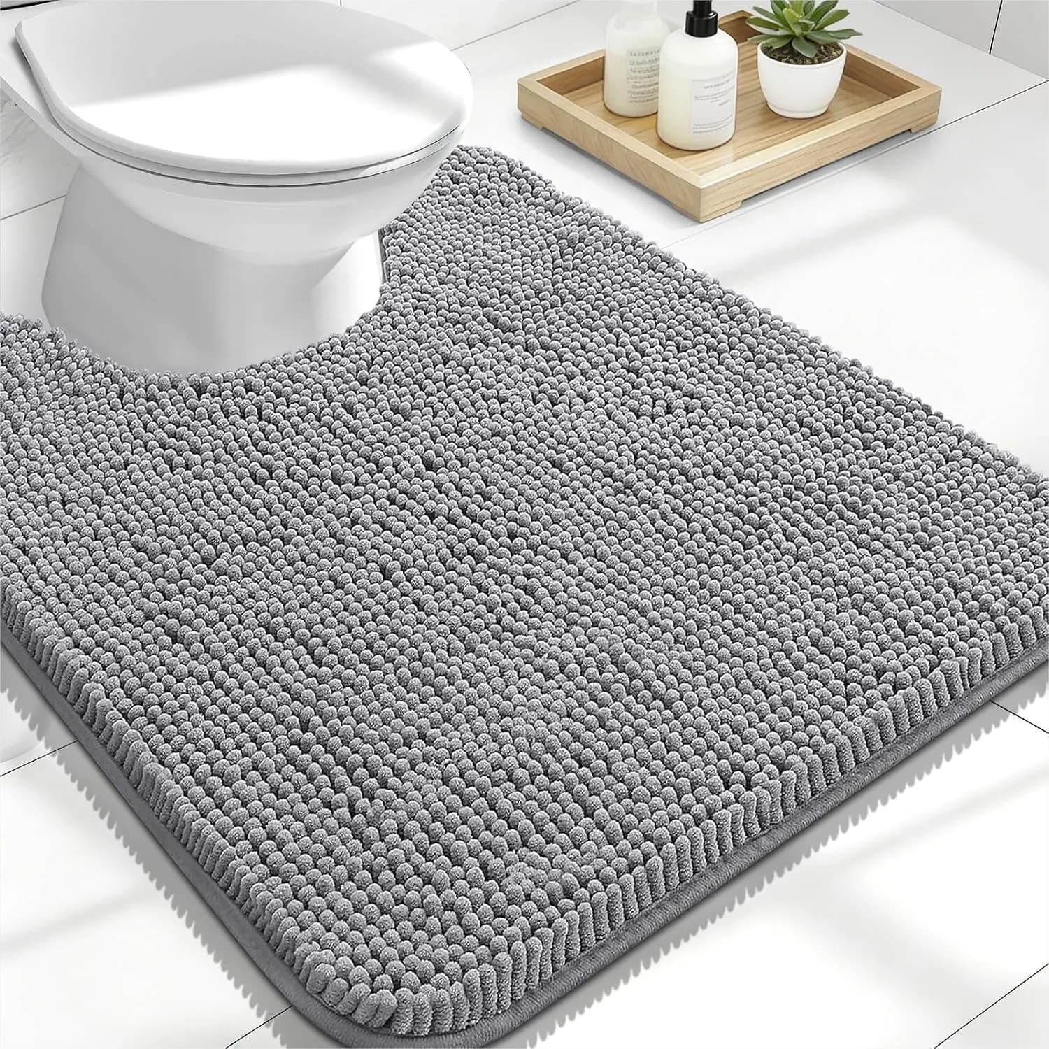U-Shaped Chenille Toilet Rug 24x20, Ultra Absorbent Contour Bath Mat for Bathroom, Soft Non-Slip, Machine Washable, Grey