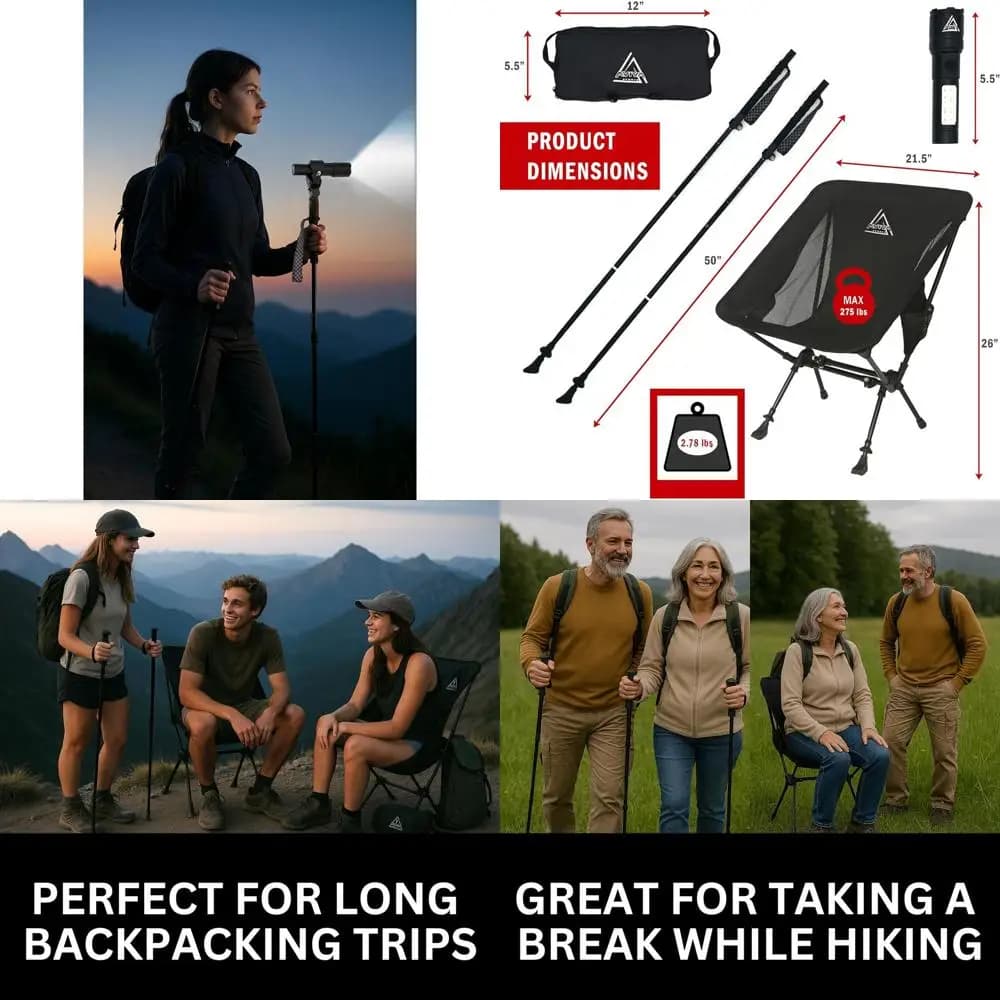 Camping chair 3 in 1, trekking poles and torch mounted – backpacking kit all in one, small and with a weight of only 3 pounds – Light A