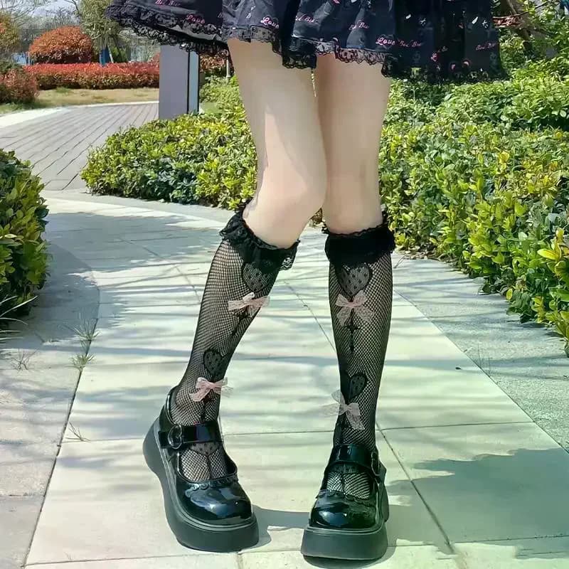 Sweet Lace-Trimmed Calf Socks Lolita Women's Mid-Calf Student Bow-Tie JK Fishnet Socks