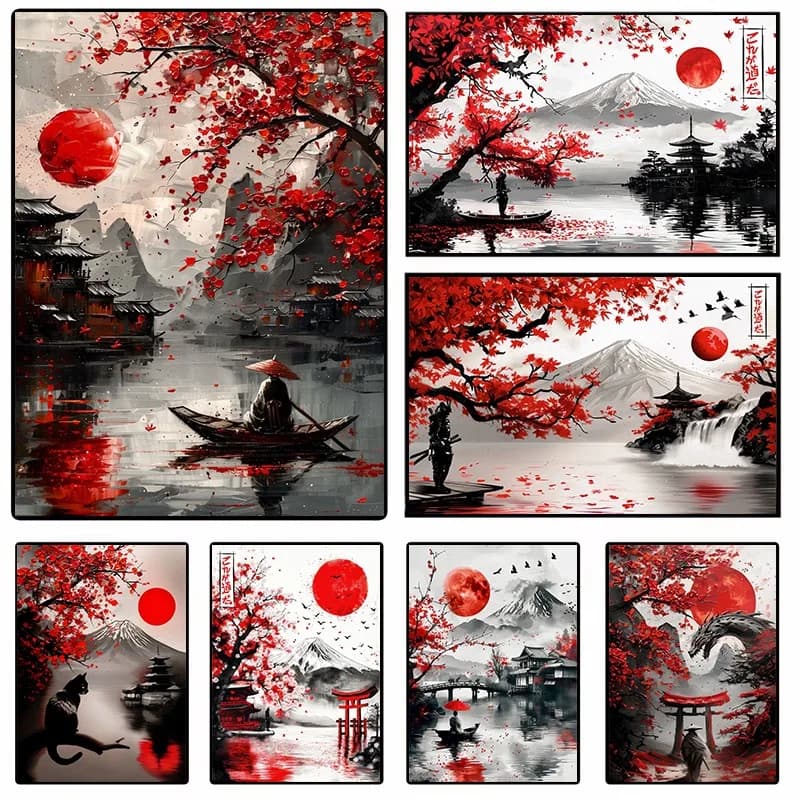 Japanese Landscape Ink Painting Poster Mountain Water Boat Red Black White Ink Wash Style Canvas Picture Wall Art Home Decor