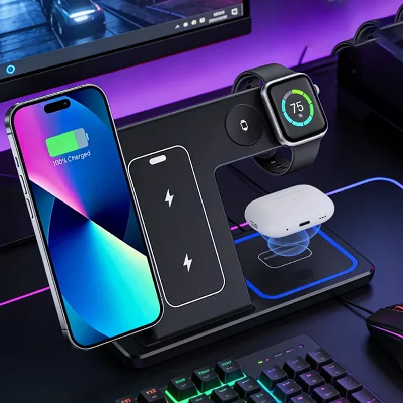 Caricatore Wireless Pieghevole 3 in 1 da 100W con Supporto per iPhone 17 16 15 14, Apple Watch S10/9/8, Airpods 4 Pro 2