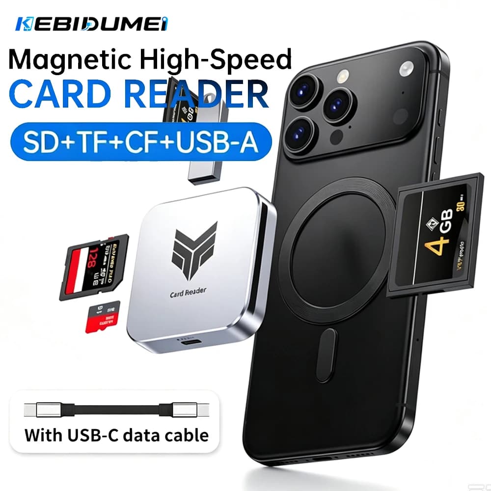 KEBIDUMEI Magnetic 4 In 1 Memory Card Reader CF SD TF USB-A OTG High Speed Adapter Portable For Camera Smartphone Data Transfer