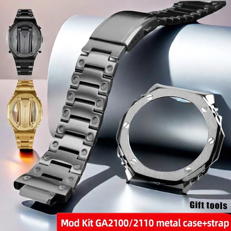 GA-2100/GA-B2100 Stainless Steel Case & Band Mod Kit Silver/Black/Gold-CasioOak Bezel Watchband Bracelet Upgrade Set for G-Shock