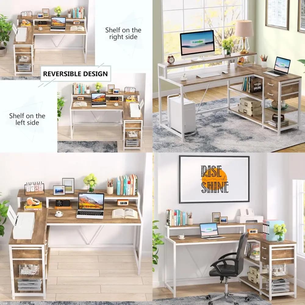 Ergonomic L Desk with Drawers and Monitor Support, L Desk with Storage Table, Beige Wood Office Desk