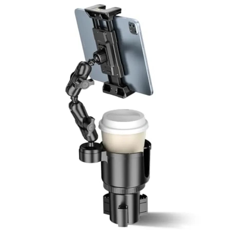 Tablet Cup Holder Car Mount with 3.5" Cupholder, 2-in- Aluminum Arm Truck Stand for 5"-3" iPad Pro 2.9/Air/Mini 6/5, iPhone 7/6