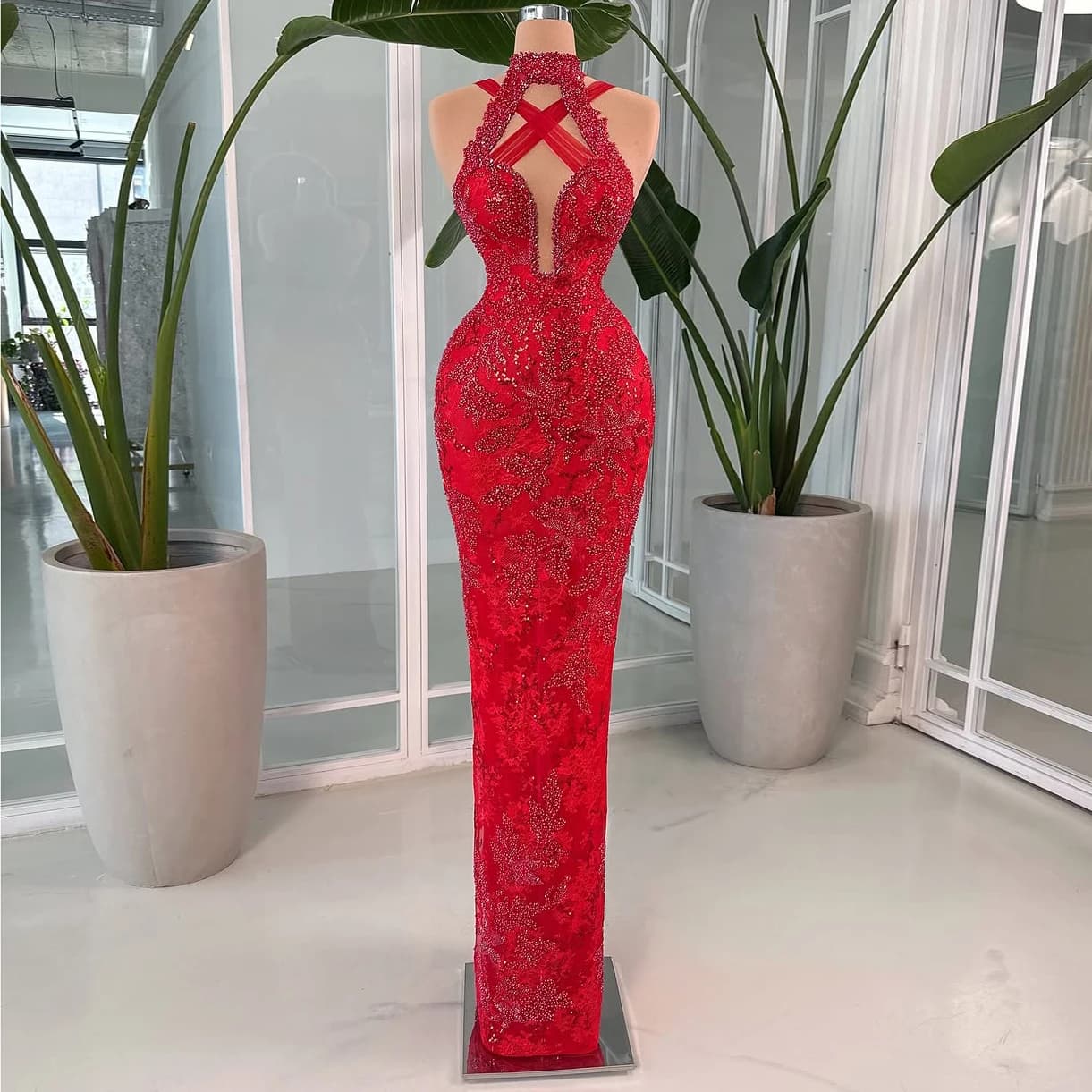2025 Red Halter Mermaid Evening Dress High Neck Sleeveless Special Prom Dress Beaded Sequins Engagement Party Dress Customized