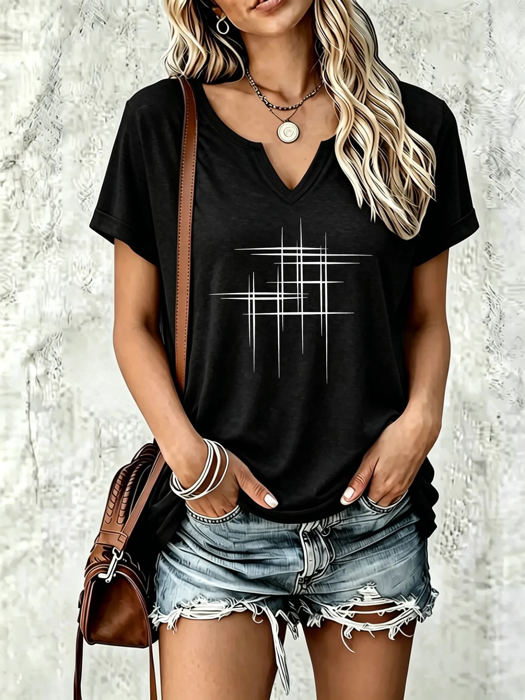 Women Summer V Neck Short Sleeve T Shirt, Minimalist Abstract Cross Line Geometric Graphic Print, Casual Daily Tee for Ladies