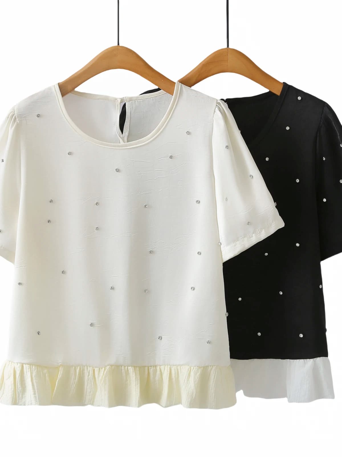 Summer New plus Size Women's Short Sleeve T-Shirt round Neck Rhinestone Lace Trim Splice Shoulder Top Korean Style Loose Fit