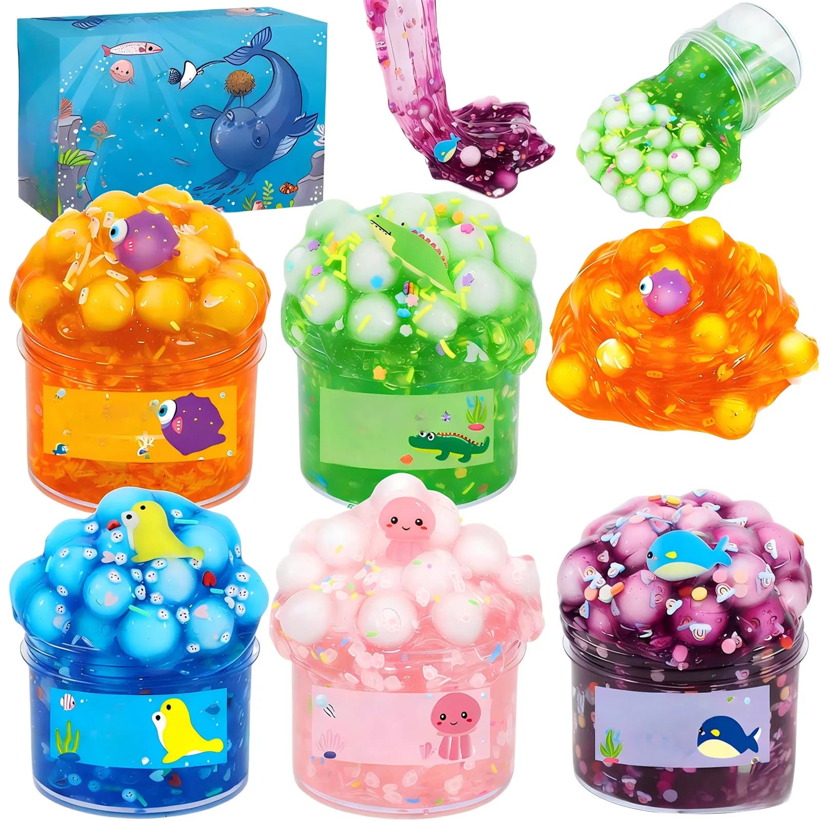 5pcs 70ml Ocean Slime Toy Kids Sensory Stress Relief Toys Set Non Sticky Crystal Mud Putty with Marine Animal Stickers